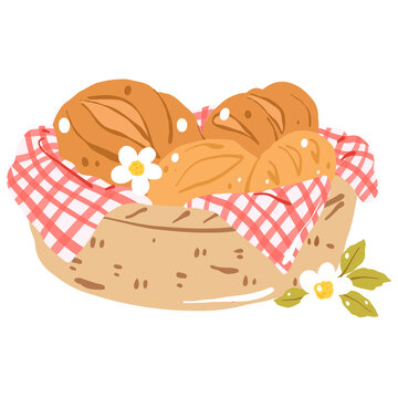 Assorted Bread in Basket with Gingham Cloth Bakery Illustration