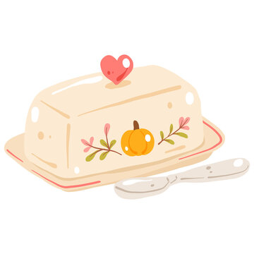 Autumn Butter Dish with Pumpkin Floral Design and Knife Illustration
