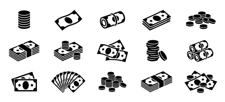 Collection of black money icons representing cash, coins, and banknotes in various forms like stacks, piles, and rolls for financial, business, and economic concepts