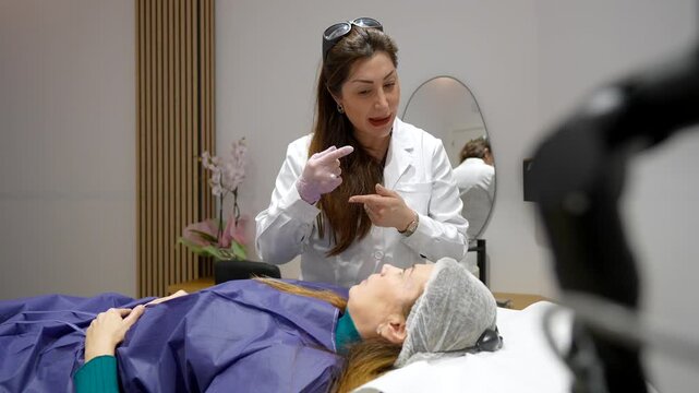 Professional aesthetic doctor explaining pdo thread lift treatment