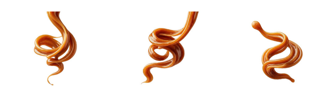 Set of 3 Flowing Caramel Sauces Sweet Toffee Syrups Swirls Delicious Liquid Honey Drips Glossy Golden Spreads Dessert Ingredients Food Photography
