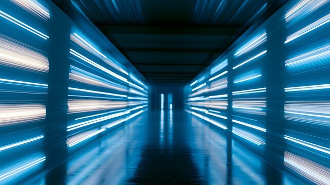 Symmetrical futuristic corridor with glowing neon blue panels and polished reflective surfaces