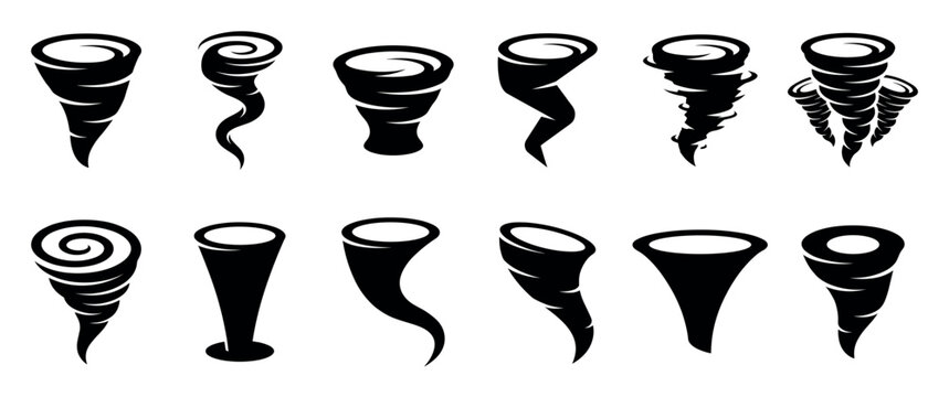 Twelve black tornado and twister icons in various stylized shapes representing powerful storms and destructive weather phenomena in a graphic vector illustration set