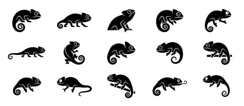 Collection of black chameleon silhouettes in various poses, including walking, climbing, and sitting on a branch, presented as a minimalist graphic icon set for design elements