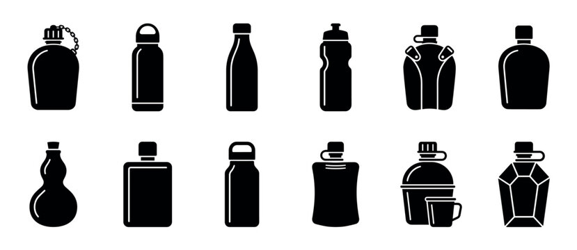 Set of various reusable water bottle icons in a minimalist black silhouette style for hydration, sports, and travel, featuring different container shapes like flasks and canteens