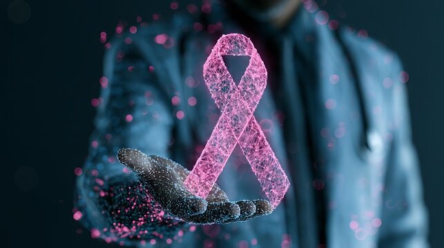 Medical professional holding a glowing pink ribbon, representing breast cancer awareness and support, concept for health and hope