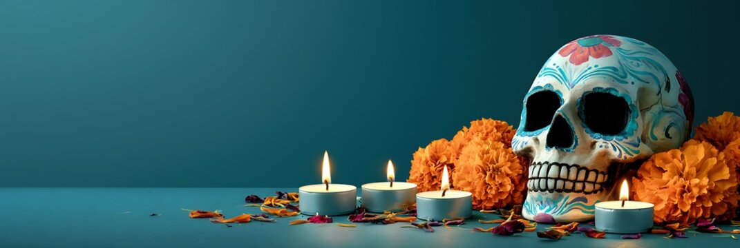 Day of the Dead panoramic banner with painted skull, candles and marigold flowers