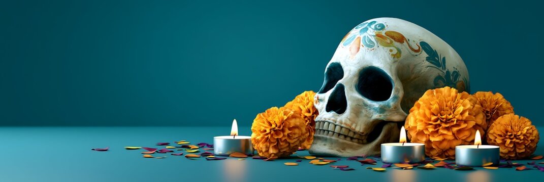 Day of the Dead panoramic banner with painted skull, candles and marigold flowers