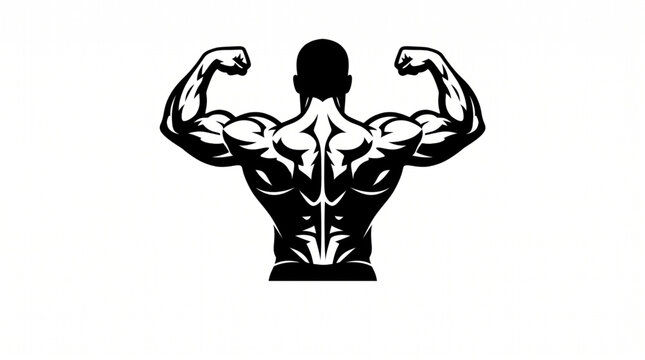 Black silhouette of a muscular bodybuilder flexing back and biceps