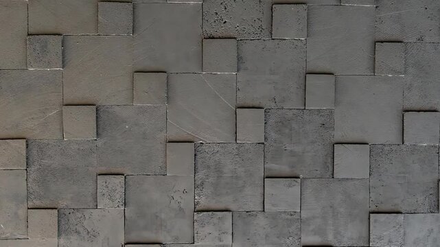 Seamless rotating loop of modern dark grey square wooden block wall texture, featuring geometric 3D panels and minimalist industrial tile patterns.