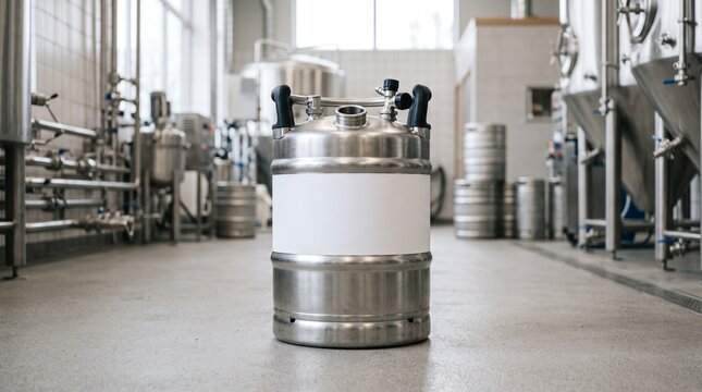 Stainless steel beverage keg in a professional brewery production facility