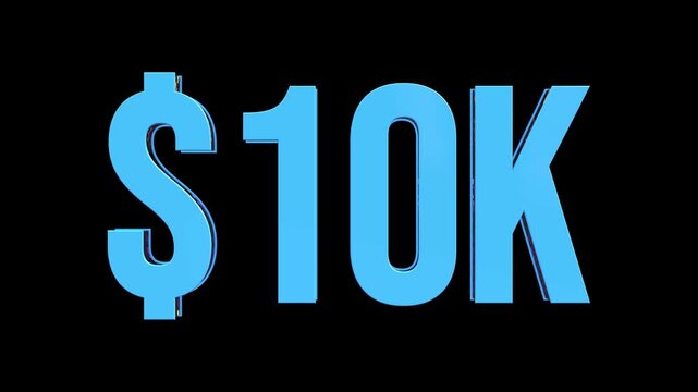 3D Blue Glass 10 Thousand Dollar Text Animation with Glitter Reflection Rotating on Black Background, Money and Financial Value Concept