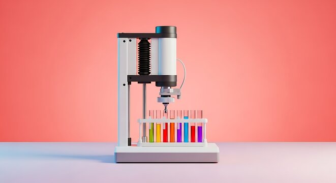 Modern 3d Printer with Colorful Test Tubes on Pink Gradient Studio