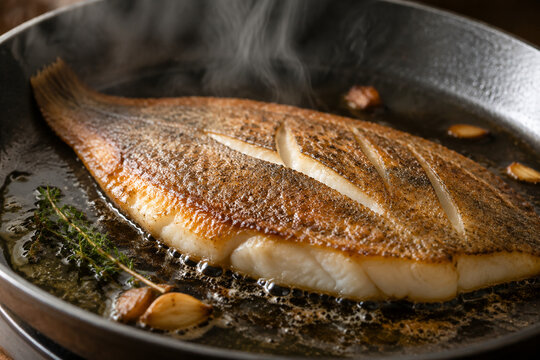 Cooked fish fillet in a frying pan, crispy golden skin and flaky white flesh.