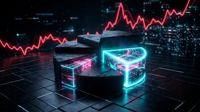 Abstract pie chart with glowing neon segments and digital data overlays on a dark grid background with red financial graph in the distance, representing business analytics and growth.