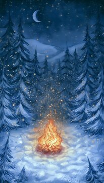 Dreamy Watercolor Painting of a Glowing Campfire in a Snowy Pine Forest Under a Starry Night Sky