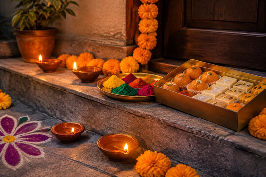 Clay diya lamps, marigold garland, rangoli powders, and Indian sweets for Diwali celebration