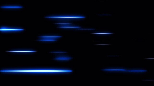 Glowing blue horizontal speed lines moving across a dark background with alpha channel and seamless loop, ideal for motion graphics, technology, energy and fast transition effects