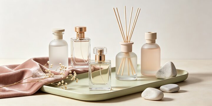 Elegant Perfume Bottles Reed Diffuser Sage Green Tray Silk Fabric Flowers