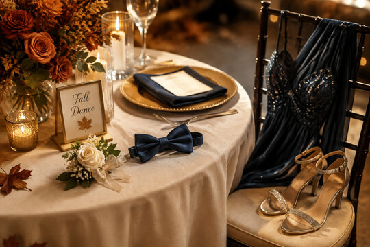 Formal dinner place setting with corsage, bow tie, high heels and dress, fall dance preparation concept