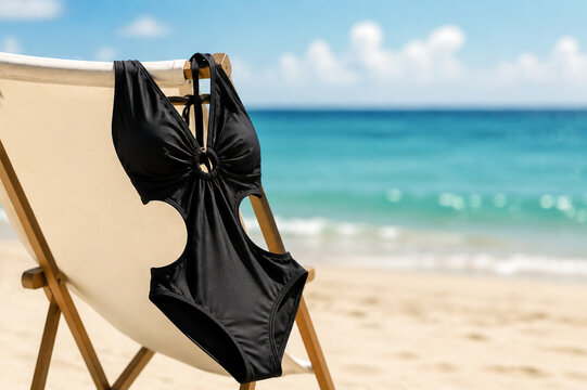 A black monokini draped over a white beach chair by the sea.