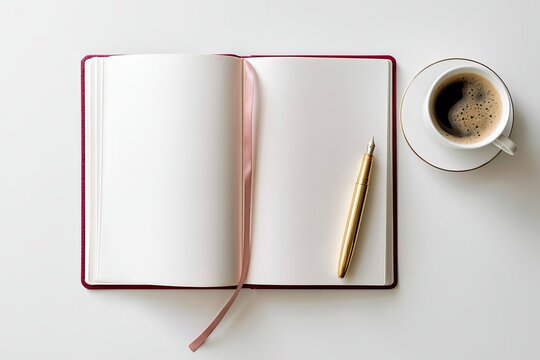 Open notebook with blank pages, gold pen, and steaming coffee cup presented on a white surface, perfect concept for planning and creative projects