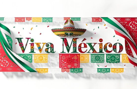 Mexican Independence Day Viva Mexico banner with sombrero papel picado ribbons confetti colorful festive design cultural pride patriotic heritage vibrant commercial artwork  generated ai