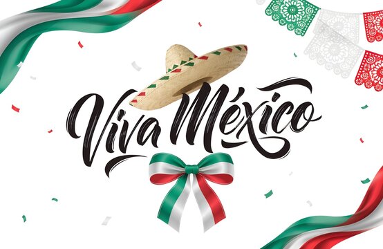 Mexican Independence Day Viva Mexico festive design with sombrero ribbon flag colors papel picado confetti cultural pride patriotic heritage vibrant commercial artwork   generated ai