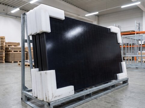 Solar panels secured with white foam corner protectors on a steel transport rack inside a clean warehouse facility for renewable energy logistics and safe shipping