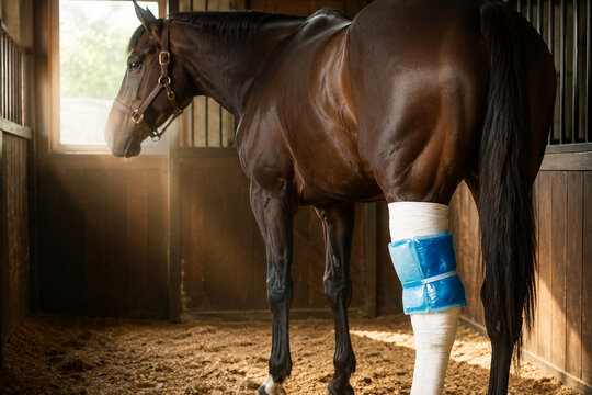 Racehorse in a stable with an ice pack wrapped around its hind leg.