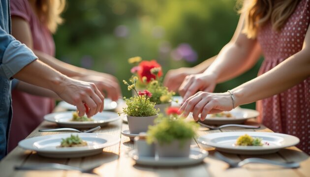 outdoor dinner party with friends setting table on wooden table, people arranging plates, glassware, floral centerpieces, cutlery and small appetizers, warm evening light,