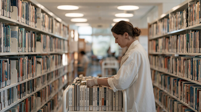 Librarian organizing a cart of returned books alone in a hushed hospital wing reading room, overhead fluorescent light casting a clinical tone, a single solitary individual