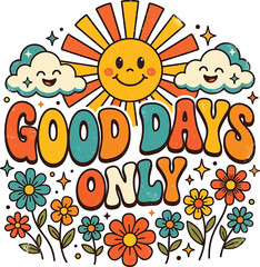 Fototapeta premium Retro vector illustration featuring a smiling sun and colorful groovy flowers
