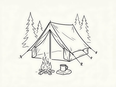 Camping tent in the forest with campfire and coffee mug outdoor sketch campfire illustration monochrome adventure wilderness outdoors recreation vacation