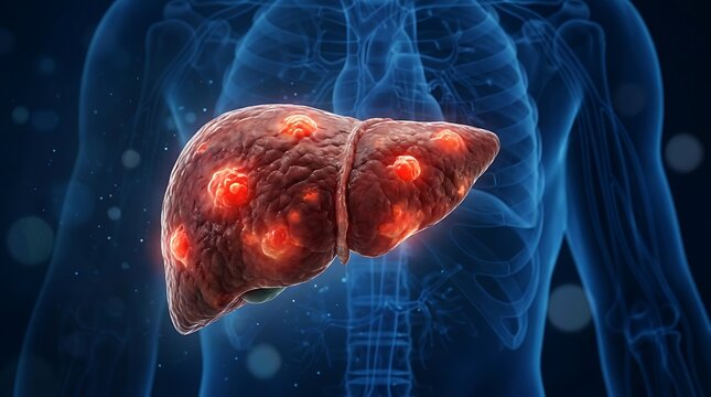 Human liver with glowing red tumors shown inside transparent blue human body silhouette demonstrating medical condition visualization for healthcare awareness.