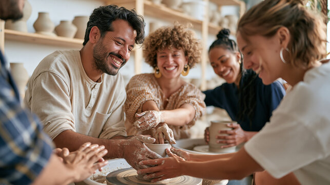 Pottery studio team of varying backgrounds centered around a shared wheel in a vibrant market venue converted into a workshop, clay-covered hands and spinning forms filling the