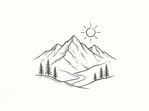 Hand drawn black and white mountain landscape vector illustration with sun and pine trees mountain range nature illustration ink sketch outdoor scenery line art