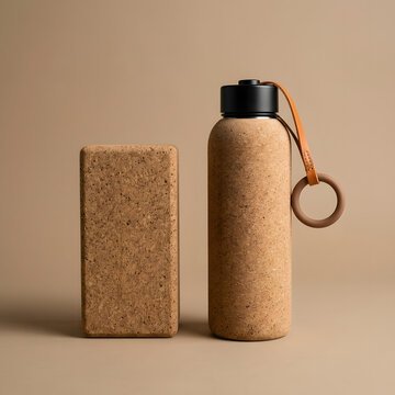 Cork water bottle beside a rectangular yoga block on a smooth solid light brown studio background