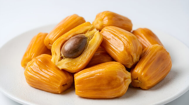 White plate full of glossy sweet golden yellow jackfruit flesh, one piece opened brown seed visible in center, juicy fibrous fresh texture, ripe tropical fruit isolated white background
