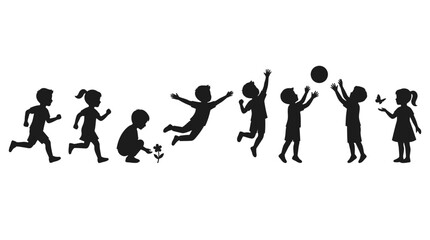 Obraz premium Playful children silhouettes running jumping playing with a ball and observing nature in black ink