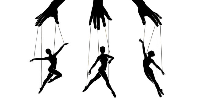 Silhouette puppet dancers hanging from strings held by giant hands in a creative dark conceptual illustration