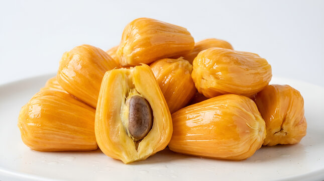 White plate full of glossy sweet golden yellow jackfruit flesh, one piece opened brown seed visible in center, juicy fibrous fresh texture, ripe tropical fruit isolated white background