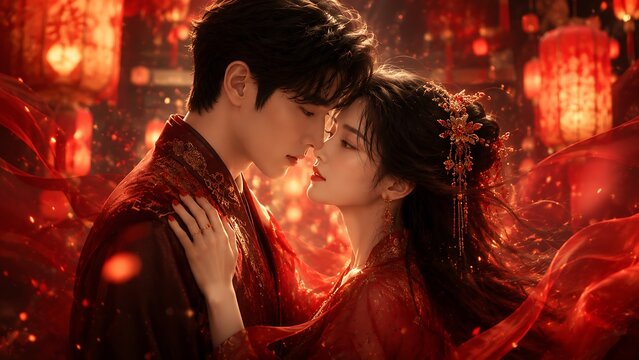 Romantic Asian couple in traditional red wedding attire. Young man and woman in intimate embrace. Cinematic fantasy scene with glowing lanterns.