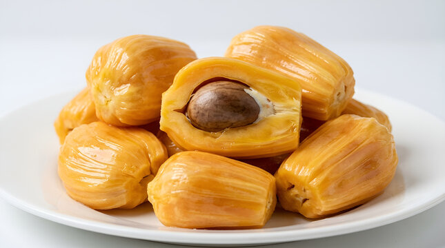 White plate full of glossy sweet golden yellow jackfruit flesh, one piece opened brown seed visible in center, juicy fibrous fresh texture, ripe tropical fruit isolated white background