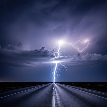 A dramatic bolt of lightning strikes the dark horizon above a long asphalt highway during a powerful nighttime thunderstorm in the wild, rain, dark, energy