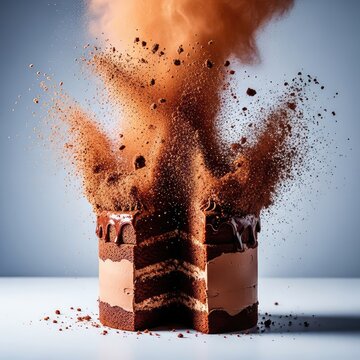 A dynamic capture of a rich double chocolate cake bursting apart with a thick cloud of fine brown cocoa powder flying through the air, culinary art, chocolatey, gourmet