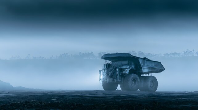 Massive industrial mining truck parked in a misty quarry under a moody overcast sky with blue tones