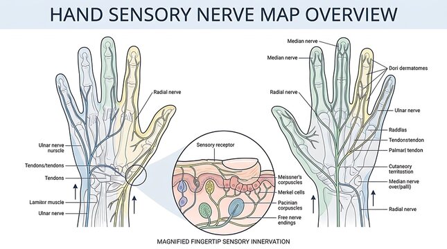 Medical illustration showing hand sensory nerve map and skin receptors