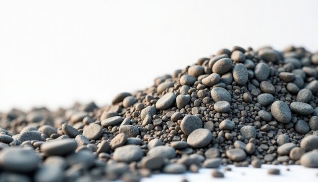 Pebble stones piled on smooth shore, closeup of rounded river pebbles and small stones in soft natural light, detailed pebble stones texture and composition for backgrounds, packaging, interior decor,
