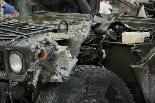 military car destroyed by explosion
